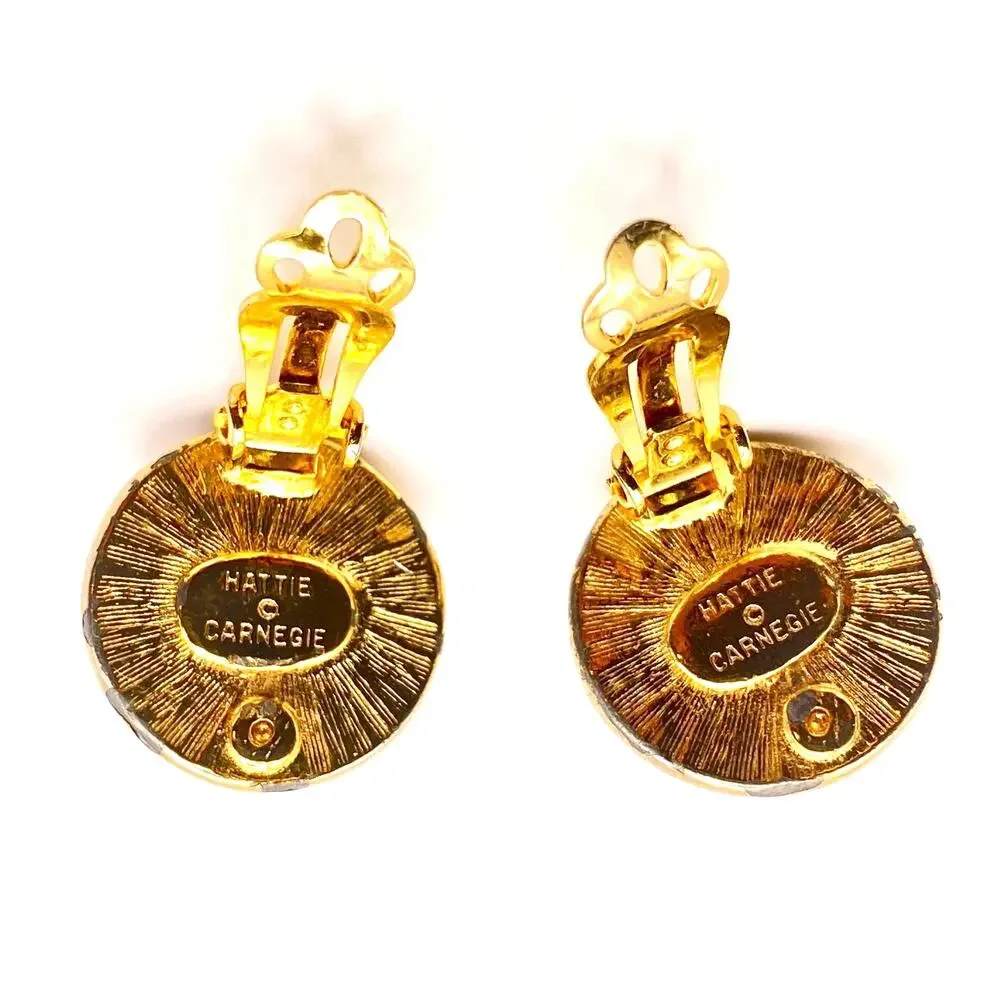 Vintage HATTIE CARNEGIE Faux Pearl Button Earrings Gold Tone Plated Clip On